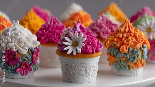 A vibrant array of colorful wedding cupcakes, beautifully decorated with intricate icing patterns for a cheerful celebration