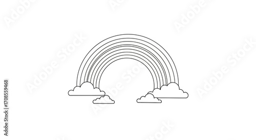 Simple outline of a rainbow with fluffy clouds on a white background, symbolizing hope and dreams.