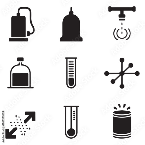 Collection of black icons representing scientific research laboratory equipment and chemical processes for medical and industrial applications