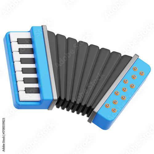 This isolated 3D illustration features a charming blue accordion with keys and bellows, ready to play traditional folk music and enchanting melodies