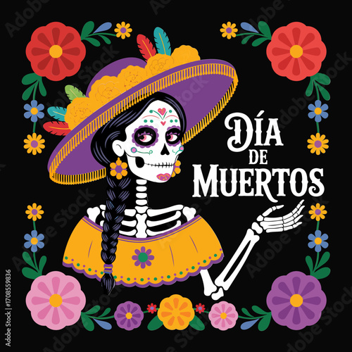 Day of the Dead catrina, skeleton lady wearing sombrero, floral frame, folk art style, black background, celebration illustration