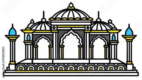 Taj Mahal vector illustration with a set of landmarks including a cathedral, church, mosque, and temple silhouettes
