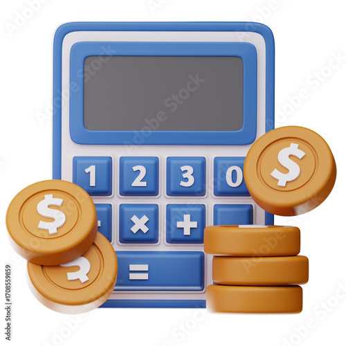 Financial planning and budgeting concept with a 3D blue calculator and gold dollar coins for calculating savings, investment, and expenses