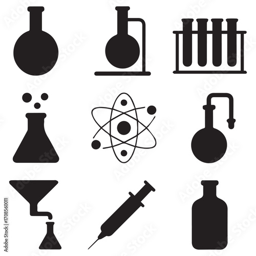 Collection of black science laboratory equipment icons including flasks test tubes atom syringe and funnel for research and education concepts