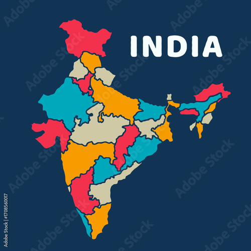 colorful map of India on dark background with detailed outline vector illustration