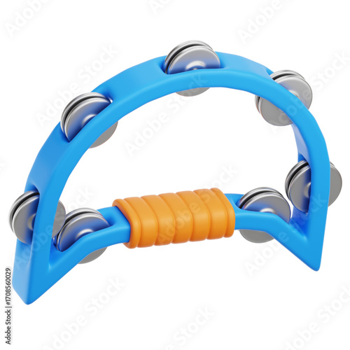 Vibrant blue half-moon tambourine featuring an ergonomic orange grip and shiny metal jingles for rhythmic percussion, rendered in 3D on a clean white background