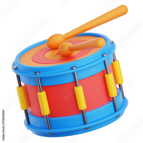 A vibrant 3D illustration of a colorful toy drum with drumsticks, representing childhood musical play and creative rhythm development for kids