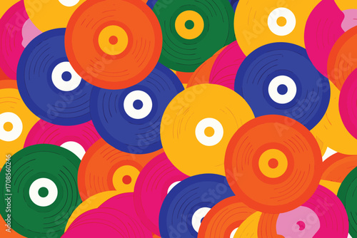 Vibrant colorful vinyl records seamless pattern background