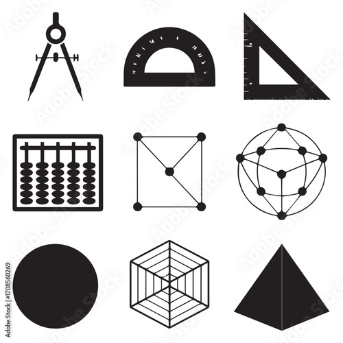 Collection of geometric shapes and mathematical tools illustrating concepts of geometry and calculation for education and science