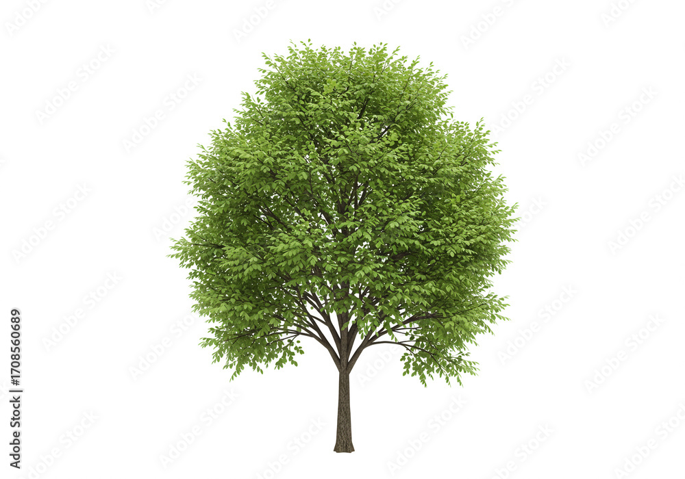Fototapeta premium Vibrant green deciduous tree with full canopy and detailed branches against a clean white background