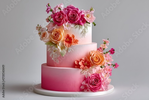 A vibrant ombre wedding cake with shades of pink and peach, creating a beautiful gradient effect that adds warmth to the celebration