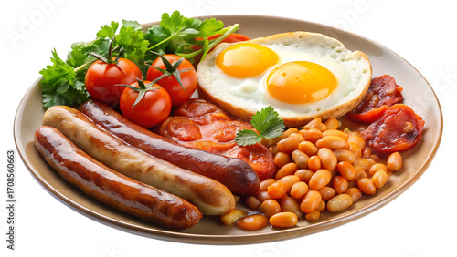 Hearty Full English Breakfast with Sausages, Fried Egg & Baked Beans on a bright white and transparent background