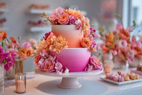 A vibrant ombre wedding cake with shades of pink and peach, creating a beautiful gradient effect that adds warmth to the celebration