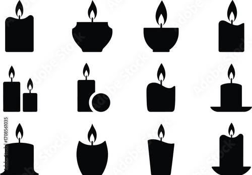 Collection of diverse candle silhouettes with flickering flames on a white background