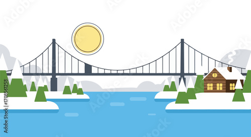 Steel truss bridge crossing a snowy valley, blue vector art