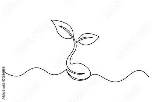 Continuous one line drawing of the step by step process of a plant growing from seed to sprout in doodle style
