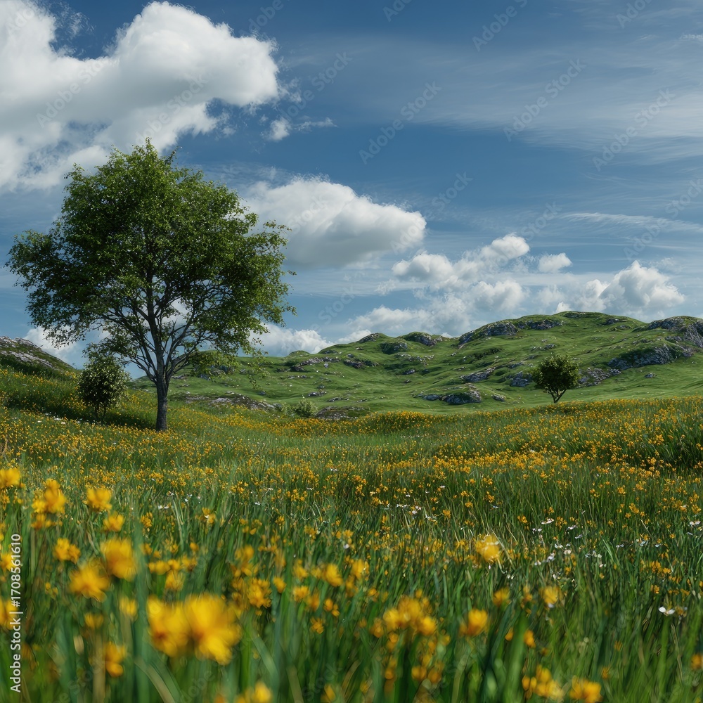 Obraz premium Lush meadow stretches under a bright sky, dotted with yellow flowers and a solitary tree