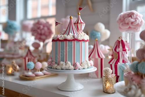 A vintage circus-themed birthday party with a striped cake, carnival-inspired decorations, and a whimsical atmosphere