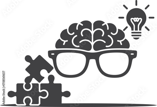 Brain wearing glasses with puzzle pieces and lightbulb representing ideas