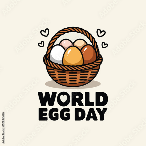 Vector art of a woven basket filled with colorful eggs, surrounded by small hearts, celebrating world egg day with a cute illustration