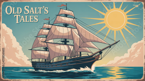 Vintage sailing ship illustration seascape with sun and clouds old salt's tales nautical adventure artwork