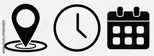 Address, date, time icon set .Event elements isolated on transparent background. calendar, location, clock. vector logos