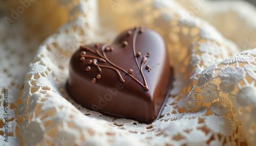  Heart shaped chocolate on lace fabric.
