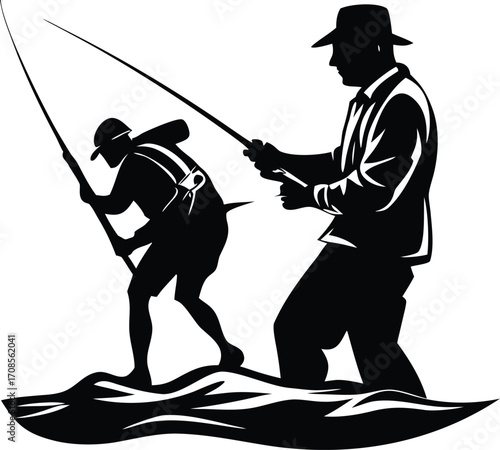 Man Fishing Silhouette with Rod and Big Catch Vector Illustration