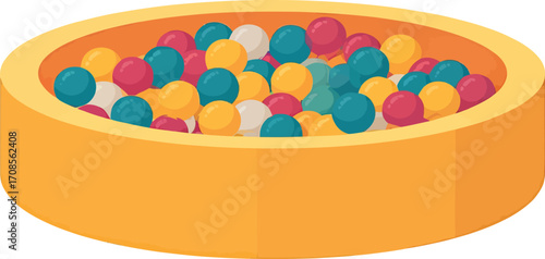 Yellow ball pit filled with colorful plastic spheres for fun.