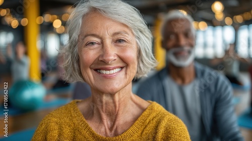 Close-up of a happy senior woman smiling with white teeth in a vibrant indoor setting with blurred background of elderly people and warm lighting