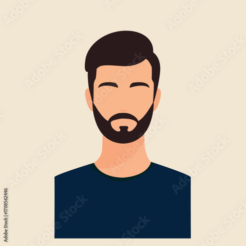 Minimalist flat vector illustration of a young man with dark hair, beard, and casual clothing. Modern male avatar design, suitable for profile icons, social media, apps, websites, or graphic projects.
