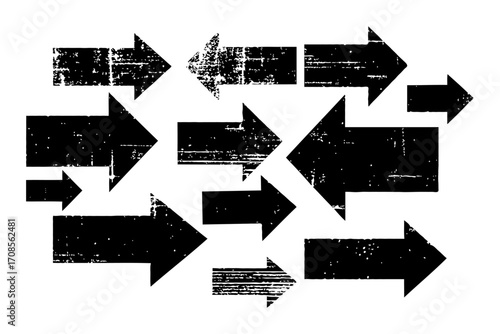 Grunge-style black arrows with distressed texture pointing in various directions on a plain white background, symbolizing confusion or choices