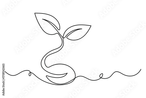 Continuous one line drawing of the step by step process of a plant growing from seed to sprout in doodle style
