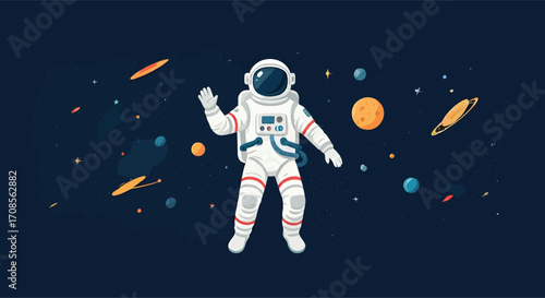 Cartoon astronaut in a white spacesuit waving hello.