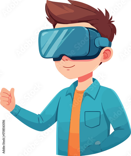 Cartoon boy wearing a virtual reality headset gives a thumbs up.
