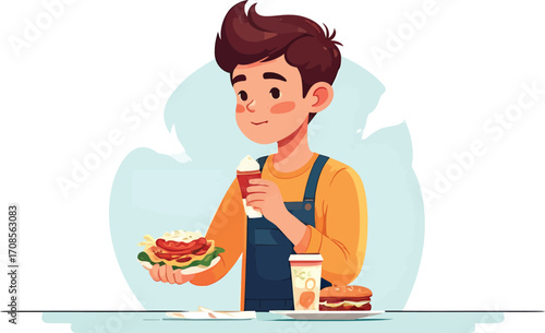 Cartoon illustration of a young man enjoying his lunch.