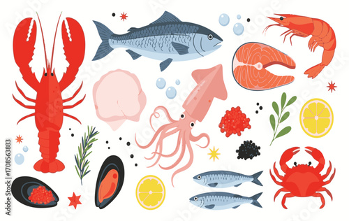 Horizontal vector pattern of seafood shrimps, oysters, lobster, lemons and olives. Mediterranean Dolce Vita style vintage illustrations for food, suitable for restaurant and marine cafe menu.