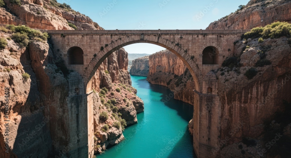 Fototapeta premium Ancient arch bridge spans a turquoise river gorge