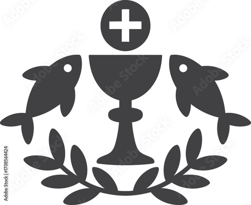 Christian symbol of eucharist chalice with fish and cross