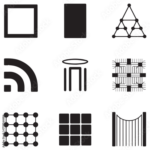 Collection of nine distinct geometric abstract shapes and icons representing various concepts and designs in a grid layout