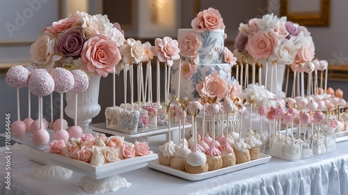A wedding reception cake display featuring a mix of wedding cake pops, cupcakes, and candies, all elegantly decorated with intricate sugar flowers