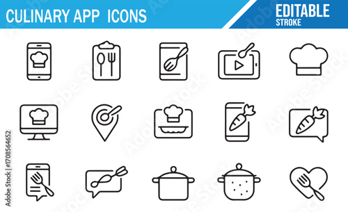Restaurant mobile app icons featuring chef hat, dish, and nutrition elements