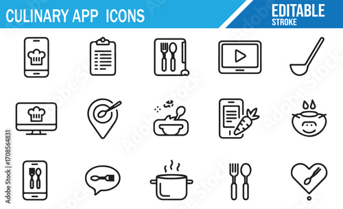 Food recipe mobile app icons with digital cooking, tutorial, and restaurant designs