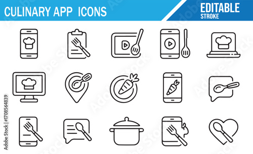 Vector icon pack for gastronomy apps featuring chef hats, meals, and kitchenware
