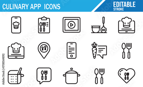 Set of culinary app icons with smartphone, recipe, cooking, kitchen tools, chef hat, and food design elements in editable stroke style for restaurant apps, online recipes, and digital gastronomy proje