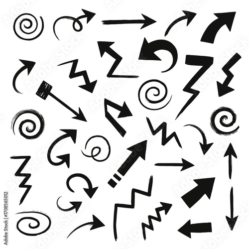 arrow collection, Black brush strokes isolated on white bg.
