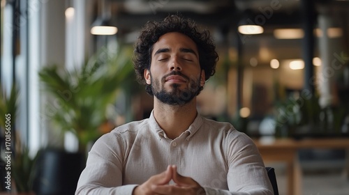 A man with his eyes closed, meditating in a modern office setting.  He's seated and appears calm and relaxed