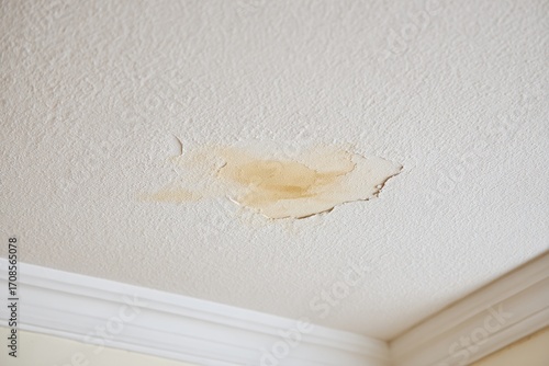 Ceiling damage due to water leak causing stain and peeling paint.