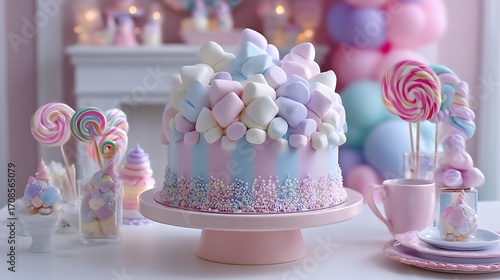A whimsical birthday celebration featuring a marshmallow-decorated cake surrounded by soft pastel decor and playful elements