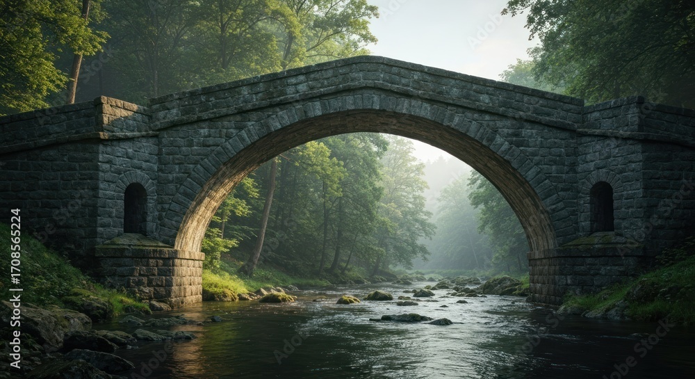 Fototapeta premium Ancient stone arch bridge spanning a misty forest stream. Lush green trees frame the tranquil scene